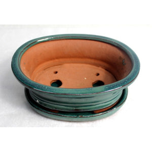 7" Green Oval CeramicGlazed Bonsai Pot
