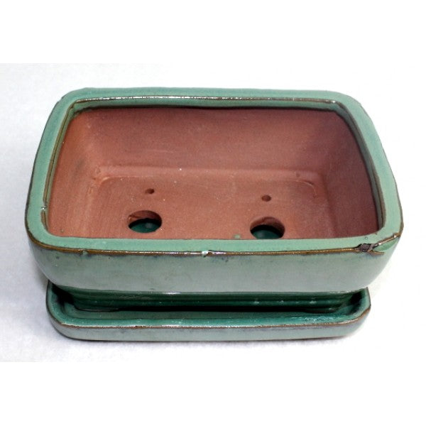 Teal Glazed Rectangular Ceramic Bonsai Pot 6"