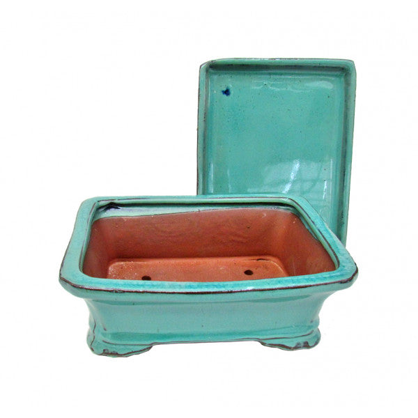 7" Teal Glazed Rectangular Detached Ceramic Bonsai Pot 7"